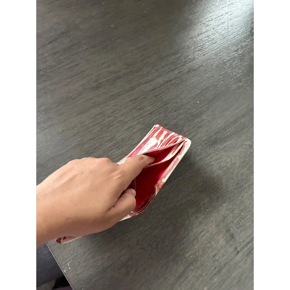 Bacon Print Novelty Bifold Wallet Mens Realistic Food Pattern Red White Slim